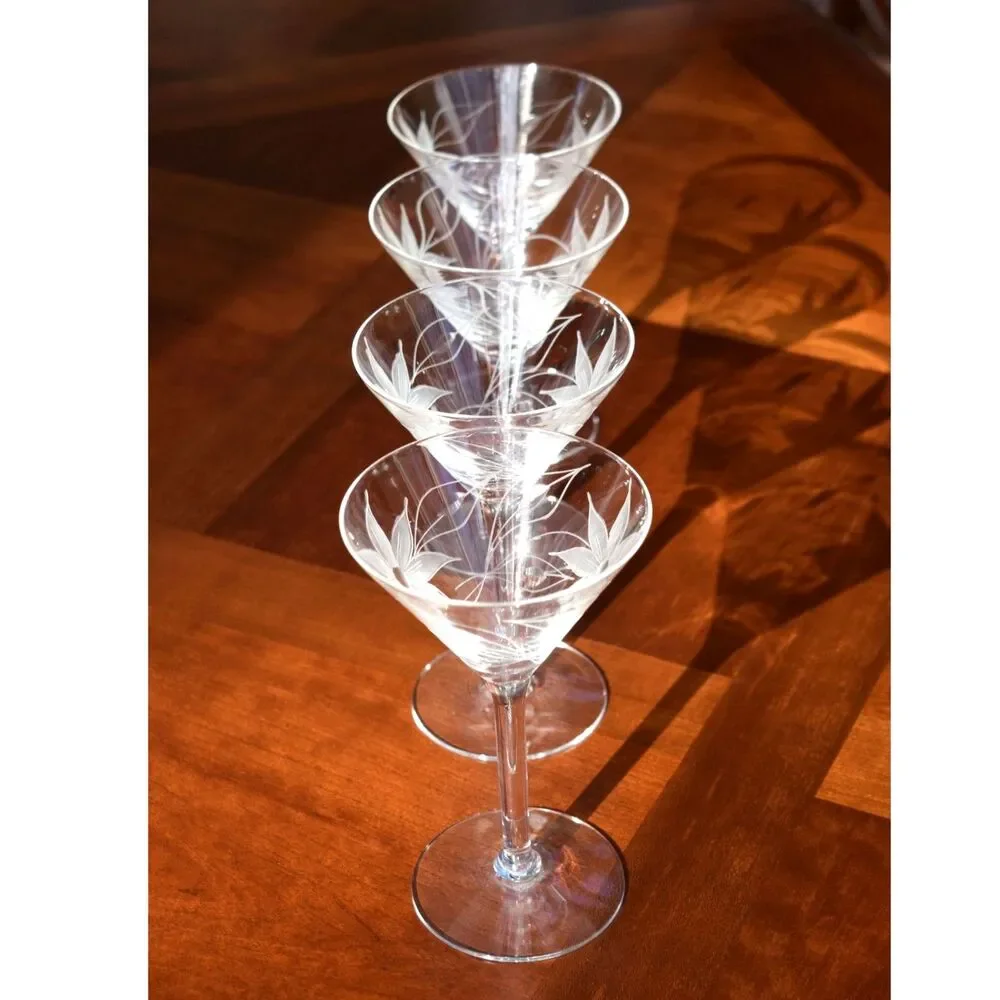 Set of 4 Hand-Blown & Etched Water Goblets – UNK257 Pattern